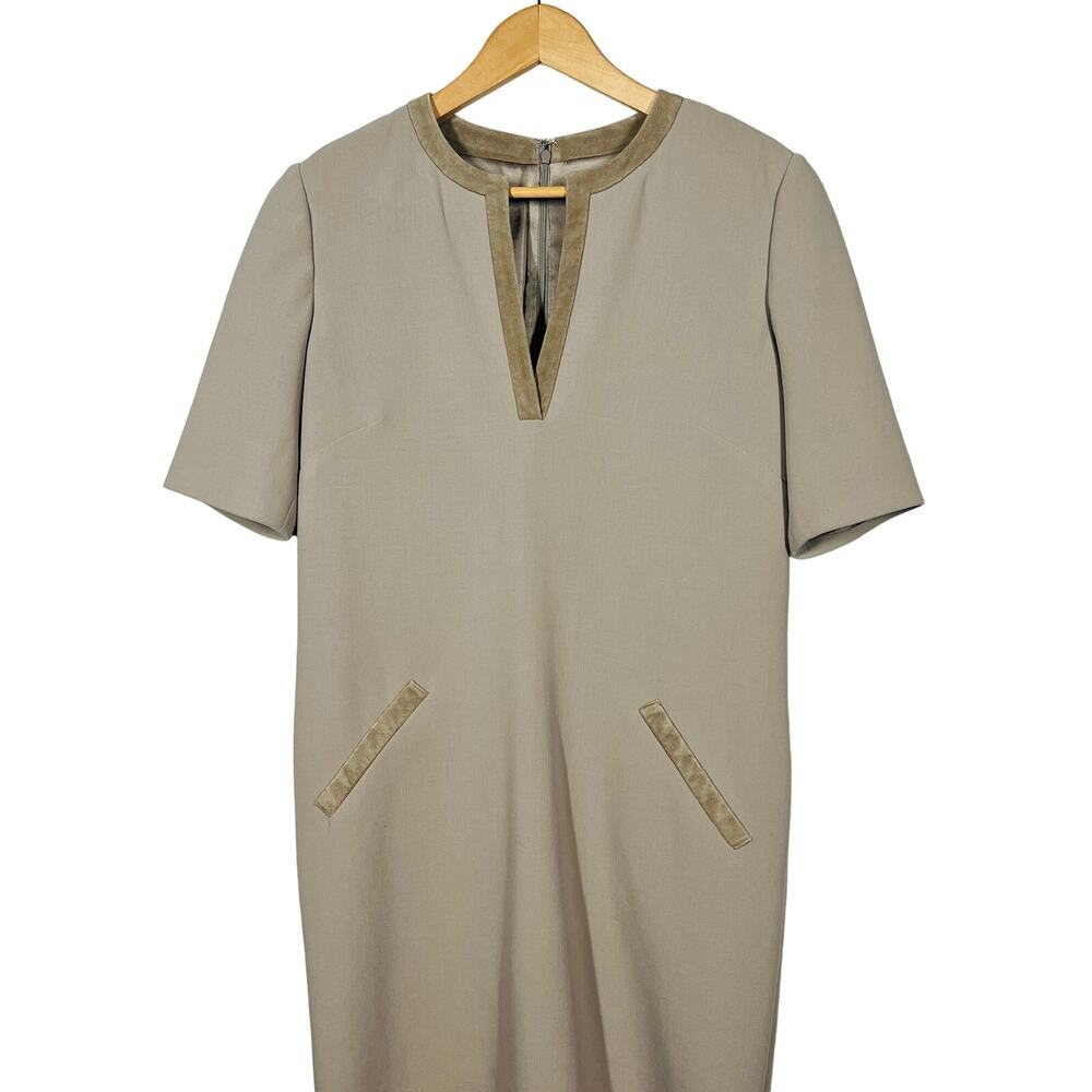 Ralph Lauren Black Label Suede Trim Wool Sheath Dress Short Sleeve V Neck - 8